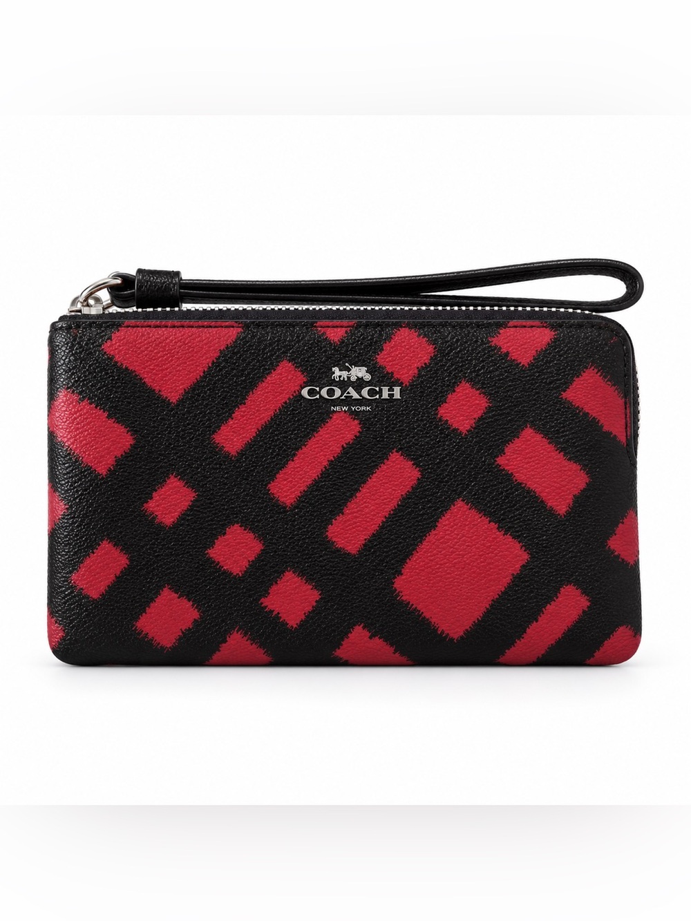 Coach F23715 Wild Plaid Corner Zip Wristlet Red Black Coated Canvas